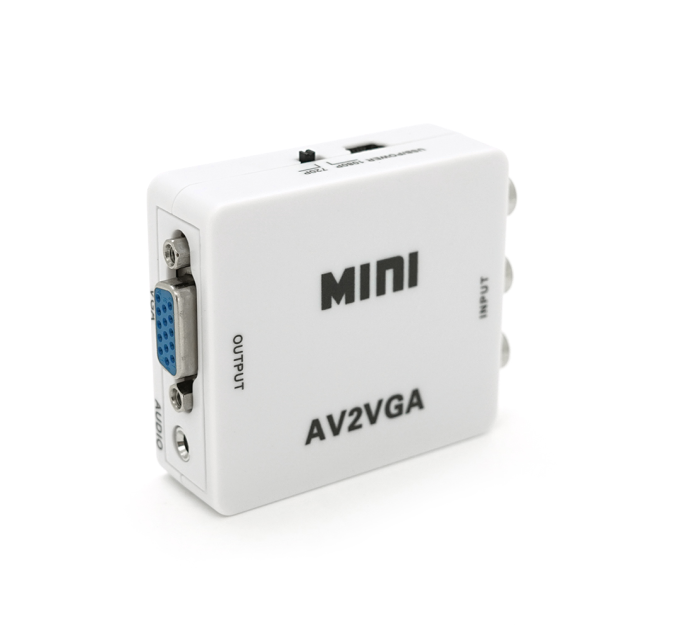 Конвертер Mini, AV to VGA, ВХІД 3RCA(мама) на ВИХІД VGA(мама), 720P / 1080P, White, BOX