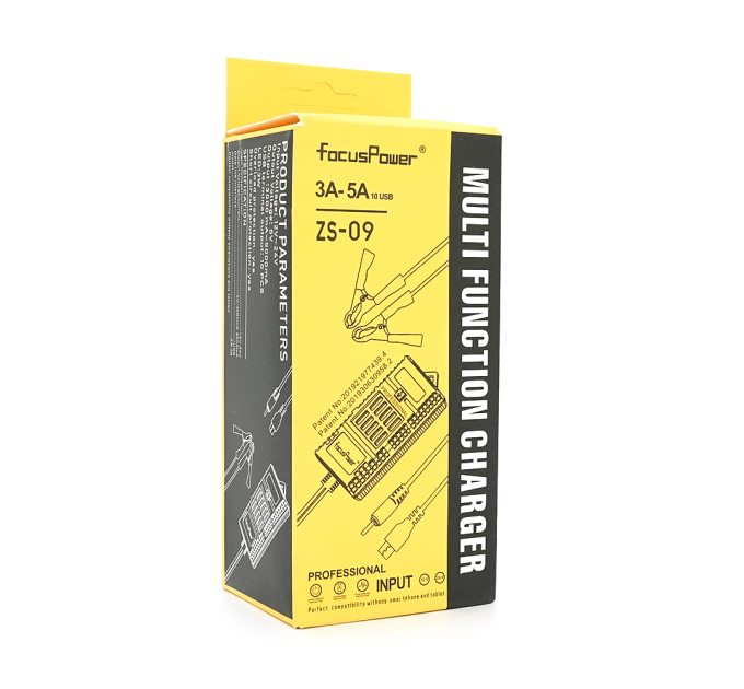 Портативний HUB ZS-09 / 2 із крокодилами на 10*USB2.0 (3A-5А), led, живлення 12В, Black, Box