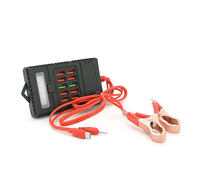Портативний HUB ZS-09 / 2 із крокодилами на 10*USB2.0 (3A-5А), led, живлення 12В, Black, Box