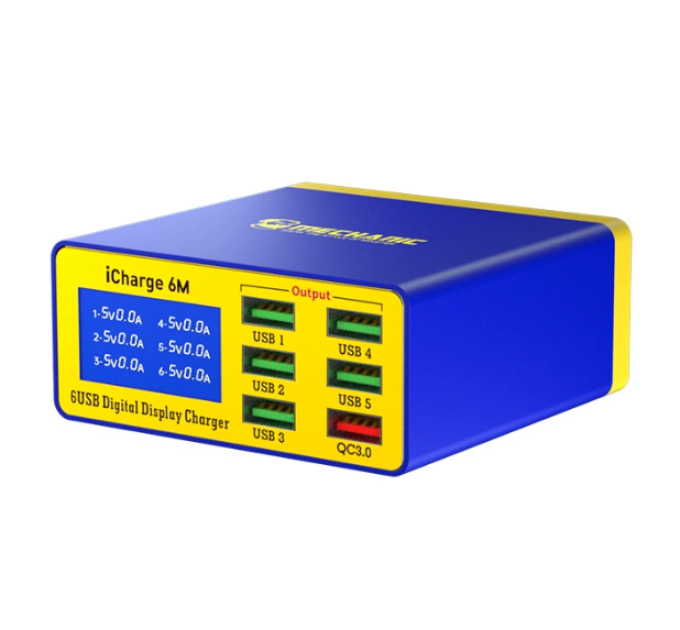 Зарядні станція з цифровою індикацією MECHANIC iCharge 6M , 6*USB-A(1*QC3.0-15W), 220V / 40W. 155*115*55mm