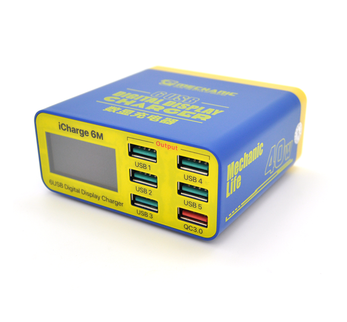 Зарядні станція з цифровою індикацією MECHANIC iCharge 6M , 6*USB-A(1*QC3.0-15W), 220V / 40W. 155*115*55mm