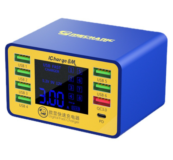 Зарядні станція з цифровою індикацією MECHANIC iCharge 8M , 6*USB-A, QC3.0-5В3.4А,9В2.3A,12В1.5А, PD3.1-5В3.4.А,9В2.3A,12В1.5А, 220V / 50W.134*105*65mm