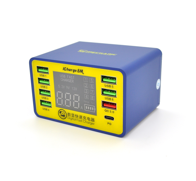 Зарядні станція з цифровою індикацією MECHANIC iCharge 8M , 6*USB-A, QC3.0-5В3.4А,9В2.3A,12В1.5А, PD3.1-5В3.4.А,9В2.3A,12В1.5А, 220V / 50W.134*105*65mm