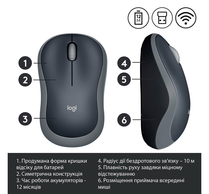 Миша бездротова M185 Cordless, сіра Logitech (910-002238)