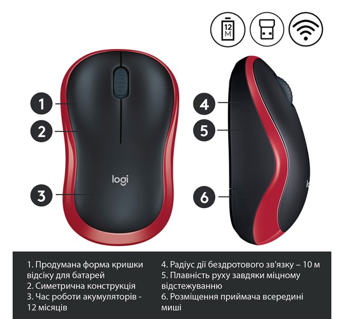 Миша бездротова M185 Cordless, червона Logitech (910-002240/910-002237)