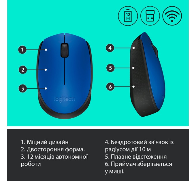 Миша бездротова M171, синя Logitech (910-004640)