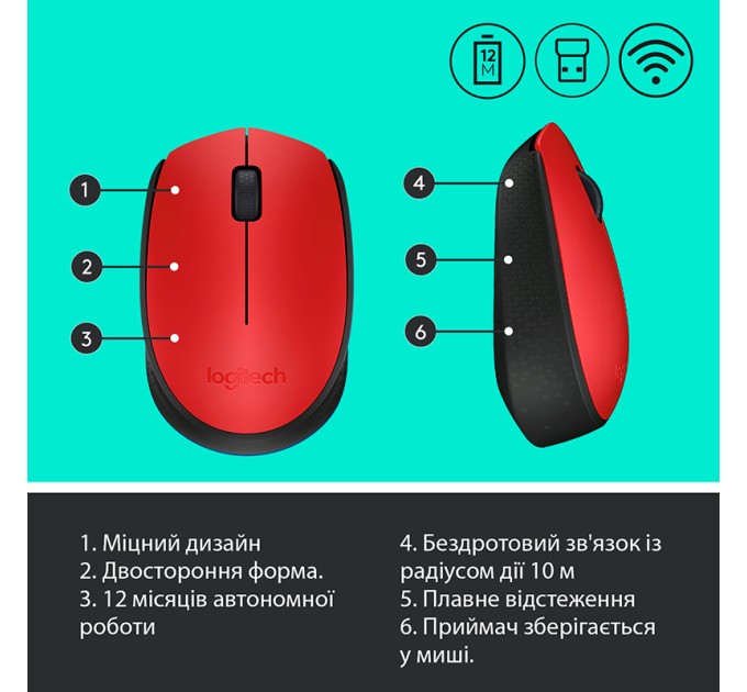 Миша бездротова M171, червона Logitech (910-004641)