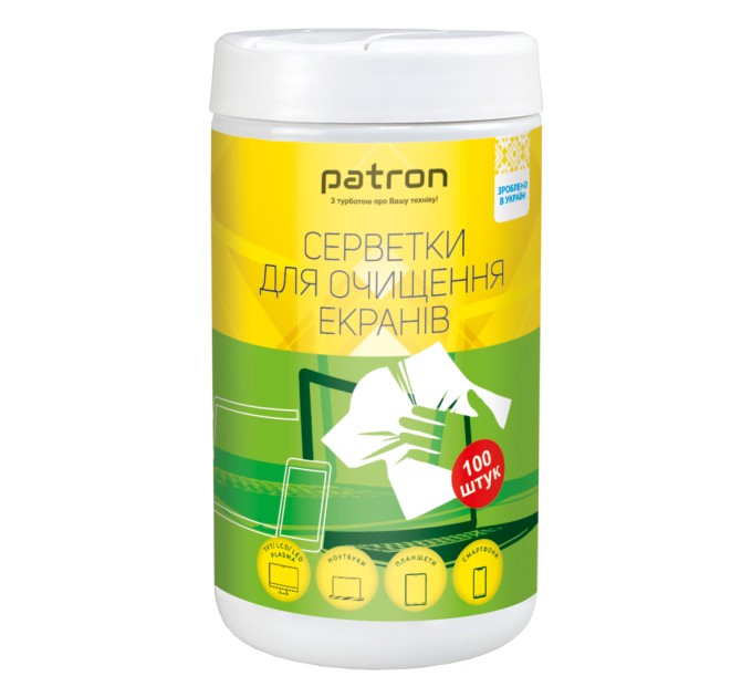 Серветки для очищення екранів, туба 100 шт Patron (F3-027)