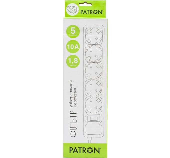 Фільтр мережевий 5 розеток, 1,8 м , чорний, 3*1мм2 Patron (SP-1052)