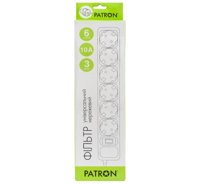 Фільтр мережевий 6 розеток, 3 м, чорний, 3*1мм2 Patron (SP-1063)