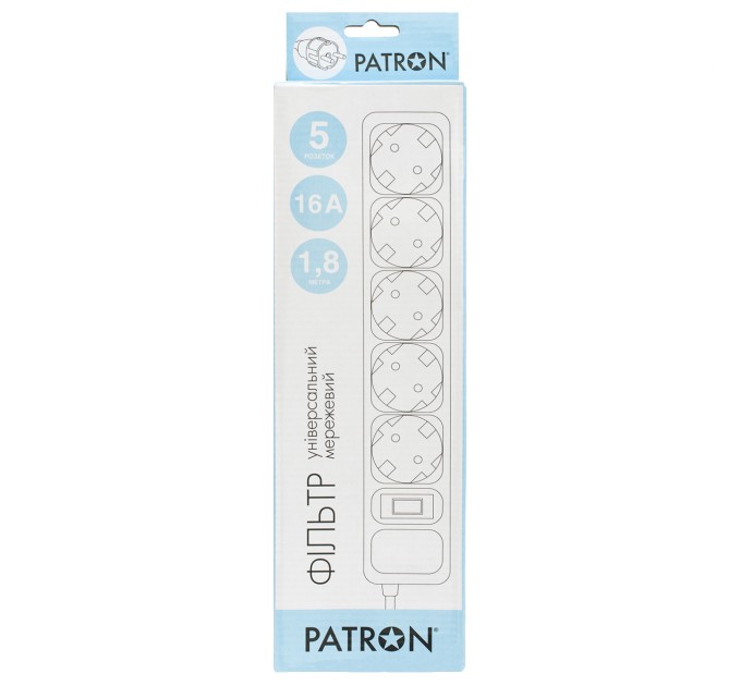 Фільтр мережевий 5 розеток, 1,8 м, чорний, 3*1,5мм2 Patron (SP-1652)
