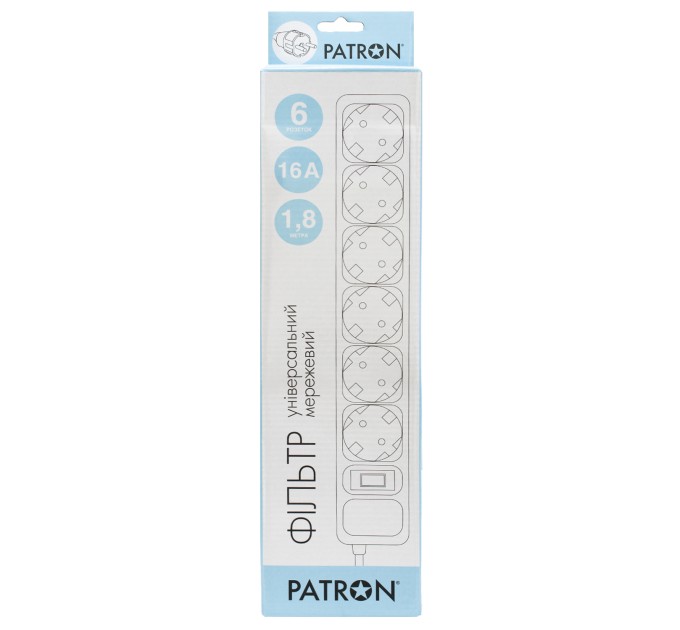 Фільтр мережевий 6 розеток, 1,8 м, чорний, 3*1,5мм2 Patron (SP-1662)