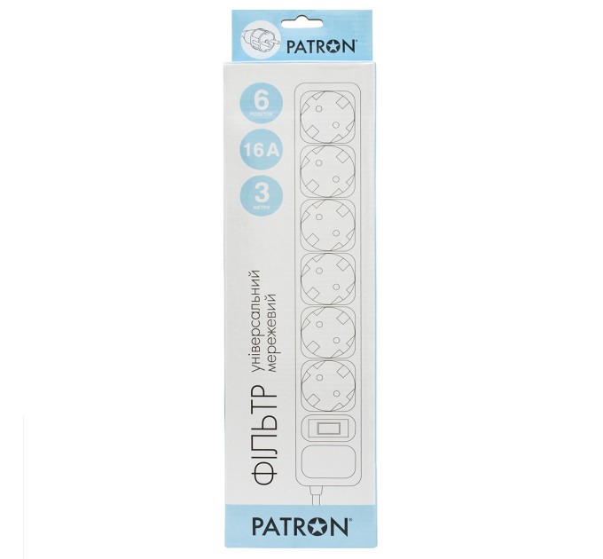 Фільтр мережевий 6 розеток 3 м, чорний, 3*1,5мм2 Patron (SP-1663)