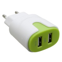 Пристрій зарядний мережевий 2xUSB 2.0 2A/1A, біло-зелений Patron (PN-2USB-220V-G)