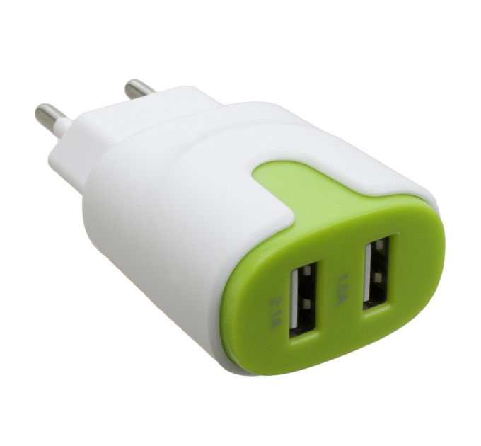 Пристрій зарядний мережевий 2xUSB 2.0 2A/1A, біло-зелений Patron (PN-2USB-220V-G)
