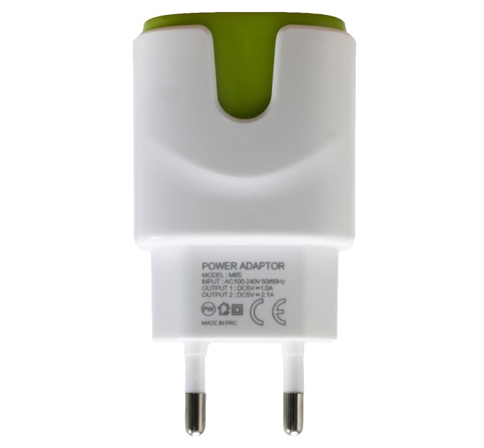 Пристрій зарядний мережевий 2xUSB 2.0 2A/1A, біло-зелений Patron (PN-2USB-220V-G)