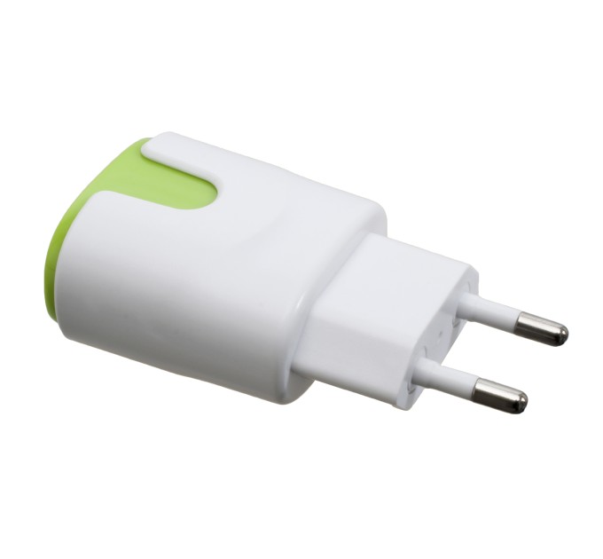 Пристрій зарядний мережевий 2xUSB 2.0 2A/1A, біло-зелений Patron (PN-2USB-220V-G)