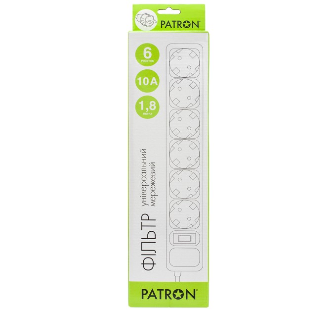 Фільтр мережевий 6 розеток, 1,8 м, білий, 3*1мм2 Patron (SP-1062W)