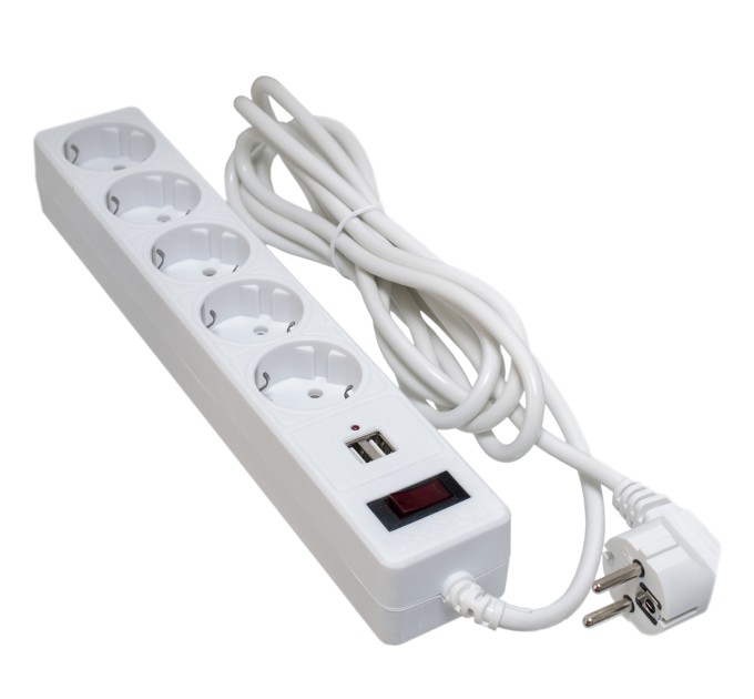 Фільтр мережевий 5 розеток + 2 x USB 2.0 2.1A, 3 м, білий Patron (SP-53-USB-W)