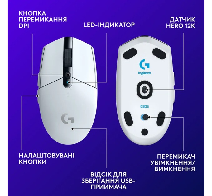 Миша бездротова G305 Lightspeed, біла Logitech (910-005291)