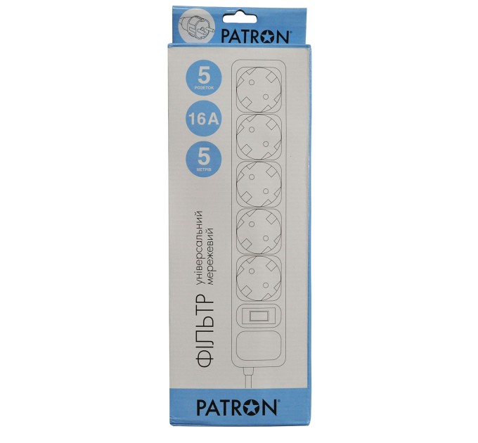 Фільтр мережевий 5 розеток, 5 м, чорний, 3*1,5мм2 Patron (SP-1655)