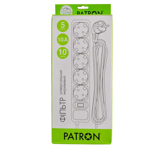 Фільтр мережевий 5 розеток, 10 м, чорний, 3*1мм2 Patron (SP-10510)