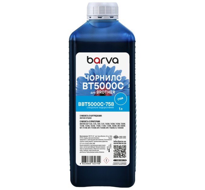 Чорнило для Brother BT5000C спеціальне 1 л, водорозчинне, блакитне Barva (BBT5000C-758)