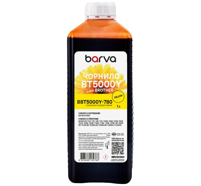 Чорнило для Brother BT5000Y спеціальне 1 л, водорозчинне, жовте Barva (BBT5000Y-780)