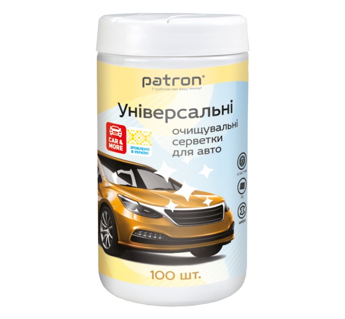 Серветки універсальні для очищення поверхонь авто пластик/скло/шкіра/гума, туба, 100 шт. Patron (F3-052)