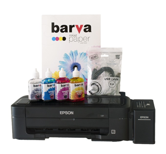 Комплект для друку Printer kit 4в1 Принтер L121 A4 Epson (C11CD76414) + чорнила Barva + папір Barva + кабель