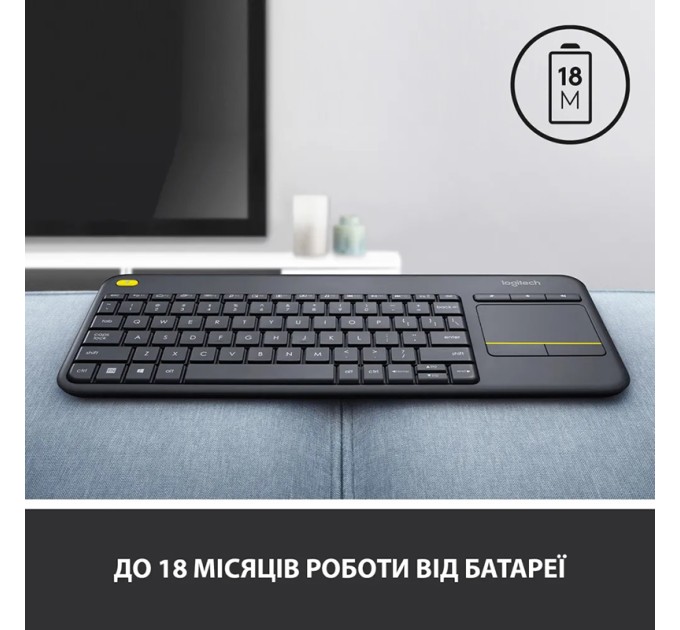 Клавіатура бездротова K400 Plus Touch, UA, чорна Logitech (920-007145)