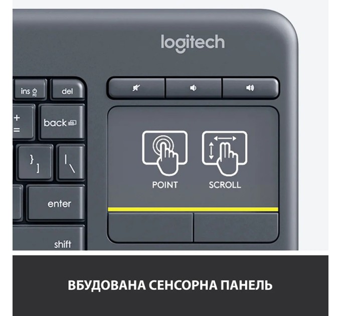 Клавіатура бездротова K400 Plus Touch, UA, чорна Logitech (920-007145)