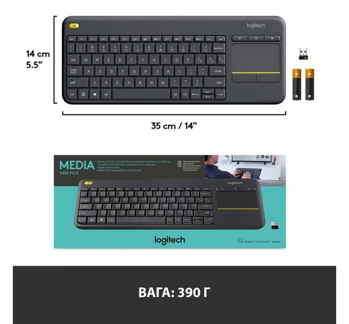 Клавіатура бездротова K400 Plus Touch, UA, чорна Logitech (920-007145)