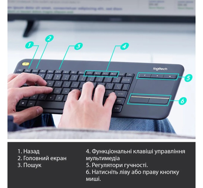Клавіатура бездротова K400 Plus Touch, UA, чорна Logitech (920-007145)