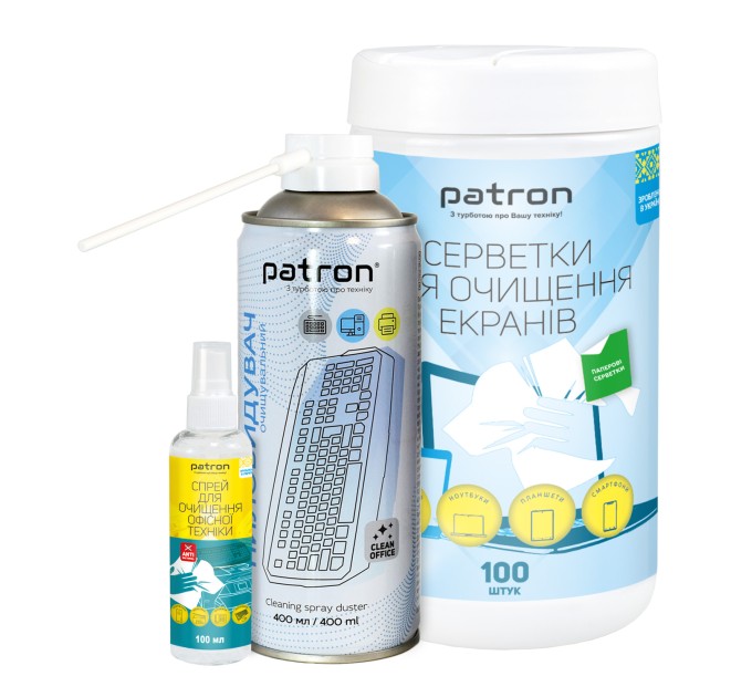 Комплект 3в1: спрей для очищення оргтехніки та пластику, 100 мл Patron (F3-009) + серветки для очищення екранів, туба 100 шт. Patron (F3-059) + стиснене повітря 400 мл Patron (F3-020)