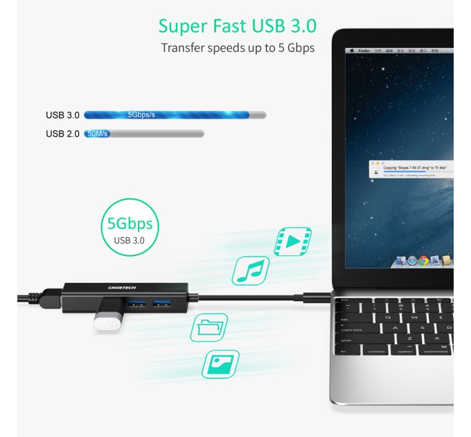 Адаптер 4-в-1 USB-C к RJ45 чорний Choetech (HUB-U02-BK)