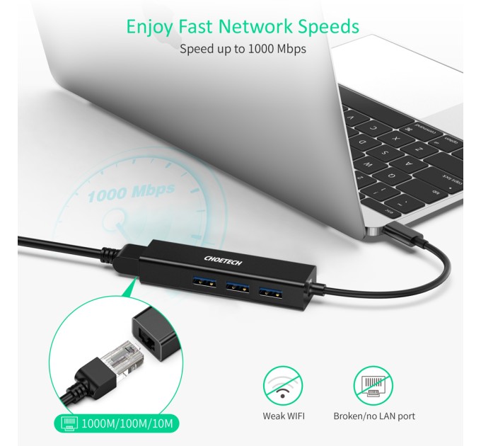 Адаптер 4-в-1 USB-C к RJ45 чорний Choetech (HUB-U02-BK)