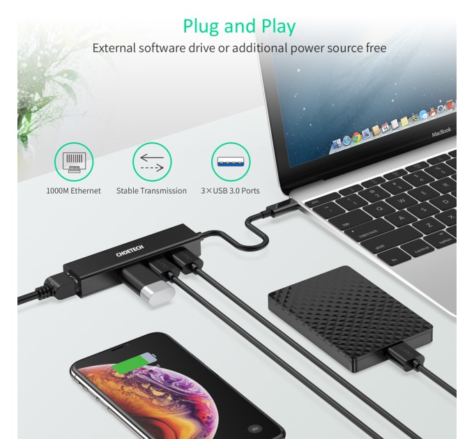 Адаптер 4-в-1 USB-C к RJ45 чорний Choetech (HUB-U02-BK)