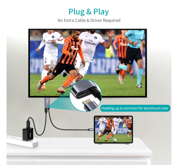 Кабель Type-C на HDMI з адаптером PD  60W, 1,8 м чорний з сірим Choetech (XCH-M180)