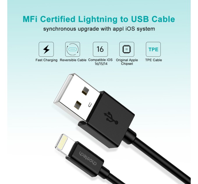 Кабель USB - Lightning 1,8 м чорний Choetech (IP0027-BK)