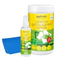 Комплект 3в1: серветки для очищення екранів, туба 100 шт. (F3-027) + очисник для екранів спрей, 100 мл (F3-008) + серветка мікрофібра 20х20 см (F4-019) Patron Комплект 3в1: серветки для очищення екранів, туба 100 шт. (F3-027) + очисник для екранів спрей, 100 мл (F3-008) + серветка мікрофібра 20х20 см (F4-019) Patron