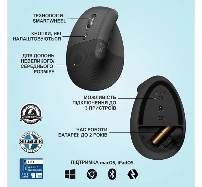 Миша бездротова WL/BT Lift для шульги Vertical Ergonomic, графітова Logitech (910-006474)