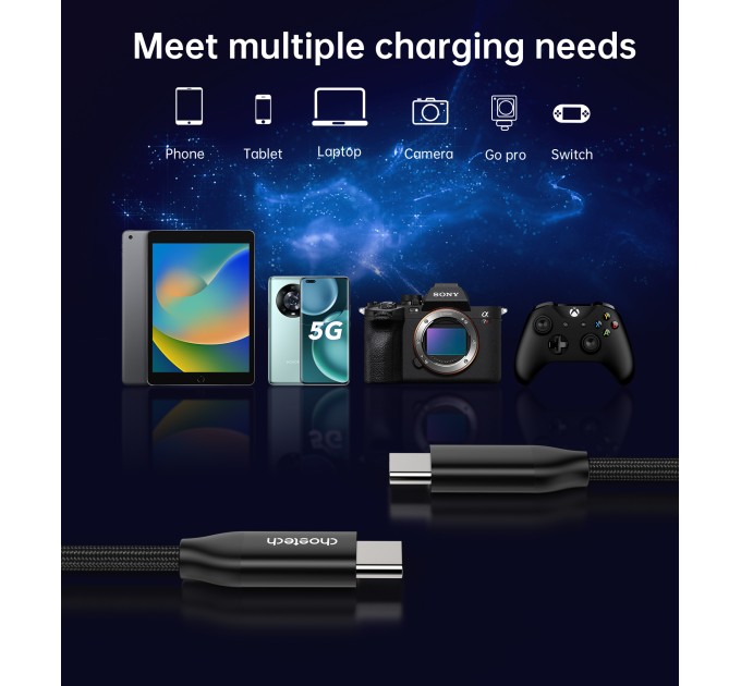 Кабель Type-C - Type-C, PD3.1 240W, нейлон 2 м чорний Choetech (XCC-1036-BK)