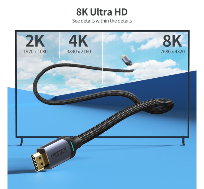 Кабель HDMI - HDMI, 8K, нейлон, 2 м чорний Choetech (XHH01-BK)