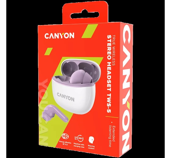 Навушники бездротові BT TWS-5 фіолетові Canyon (CNS-TWS5PU)