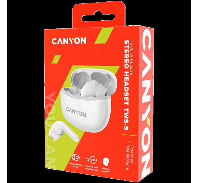 Навушники бездротові BT TWS-5 білі Canyon (CNS-TWS5W)