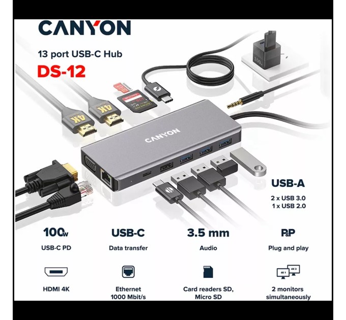 Хаб 13-в-1 мультипорт USB Type-C DS-12 Canyon (CNS-TDS12)