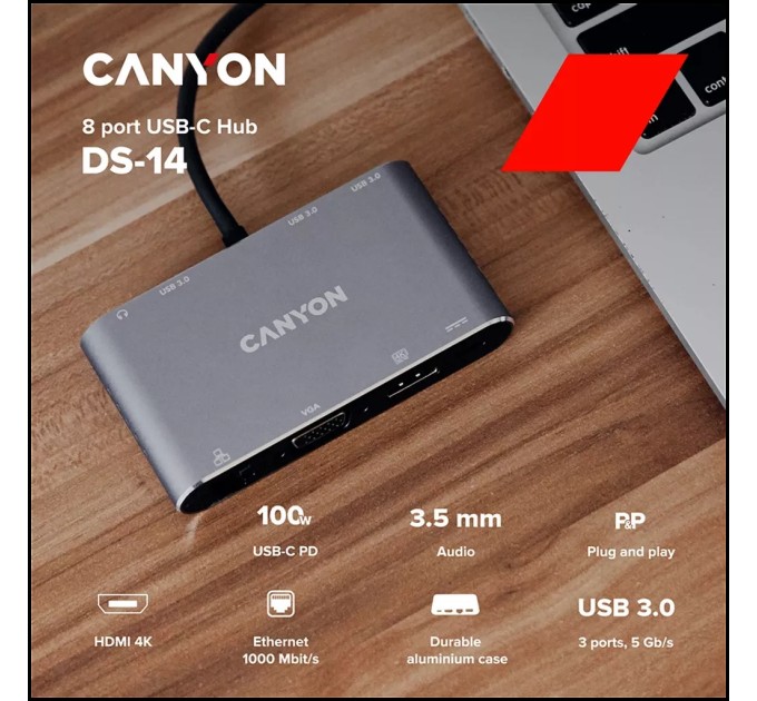 Хаб 8-в-1 мультипорт USB Type-C DS-14 Canyon (CNS-TDS14)