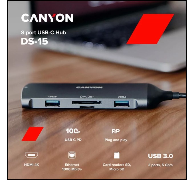 Хаб 8-в-1 мультипорт 14K UHD DS-15 Canyon (CNS-TDS15)
