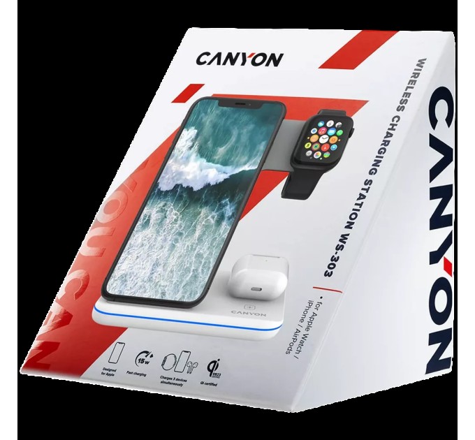 Пристрій зарядний бездротовий 3-в-1 QI WS-303 білий Canyon (CNS-WCS303W)